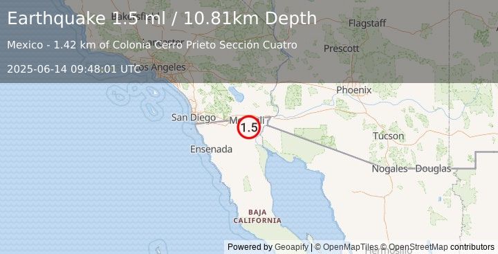 Earthquake 13 km SSW of Puebla, B.C., MX (1.5 ml) (2025-06-14 09:48:01 UTC)