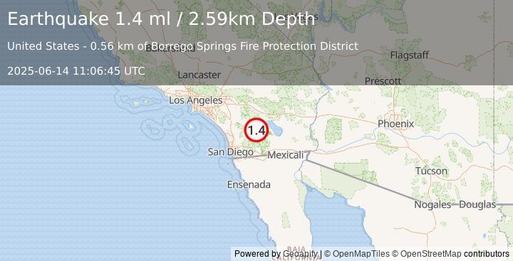 Earthquake 1 km NE of Borrego Springs, CA (1.4 ml) (2025-06-14 11:06:45 UTC)