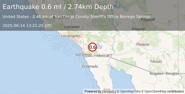 Earthquake 1 km WSW of Borrego Springs, CA (0.6 ml) (2025-06-14 13:21:25 UTC)
