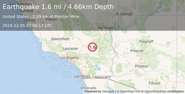 Earthquake 13 km NW of Ludlow, CA (1.6 ml) (2024-12-05 07:06:17 UTC)