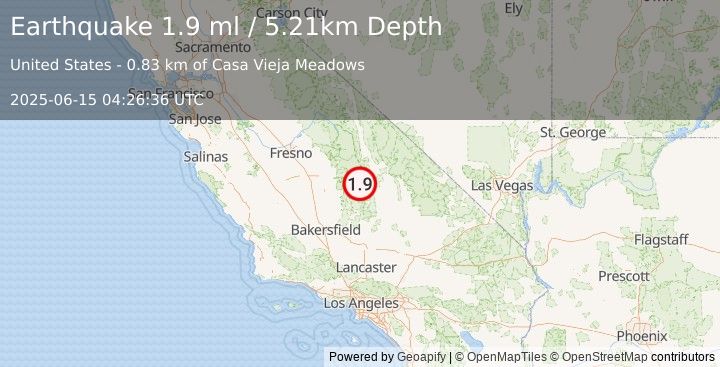 Earthquake 25 km WSW of Olancha, CA (1.9 ml) (2025-06-15 04:26:36 UTC)