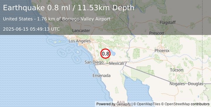Earthquake 6 km E of Borrego Springs, CA (0.8 ml) (2025-06-15 05:49:13 UTC)