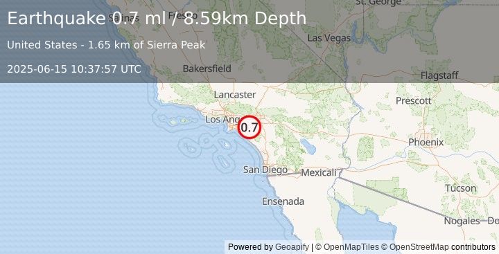 Earthquake 10 km WSW of Corona, CA (0.7 ml) (2025-06-15 10:37:57 UTC)