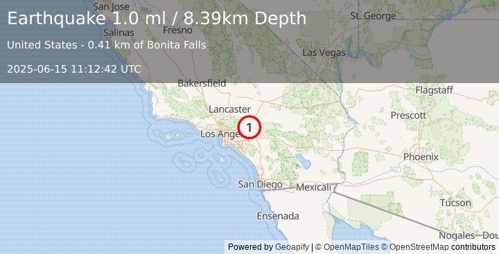 Earthquake 4 km S of Lytle Creek, CA (1.0 ml) (2025-06-15 11:12:42 UTC)