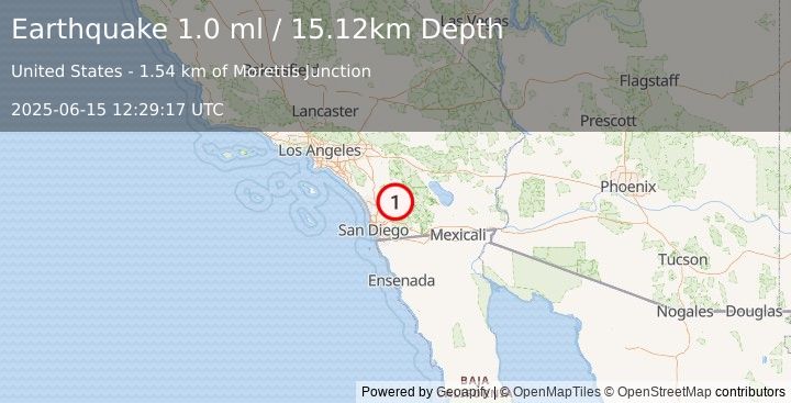 Earthquake 7 km SSE of Lake Henshaw, CA (1.0 ml) (2025-06-15 12:29:17 UTC)