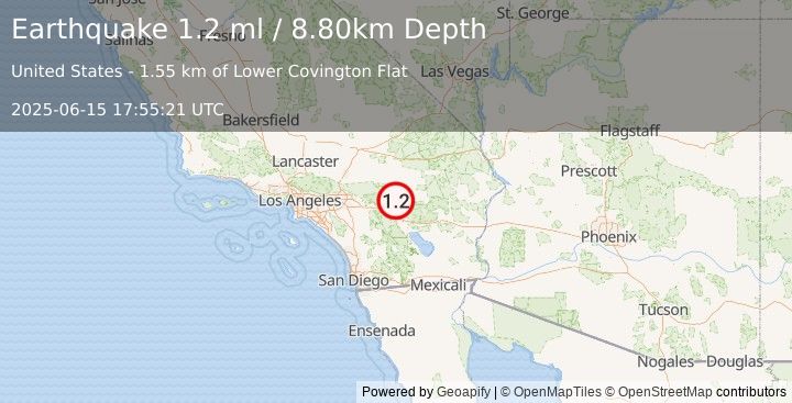 Earthquake 12 km S of Joshua Tree, CA (1.2 ml) (2025-06-15 17:55:21 UTC)