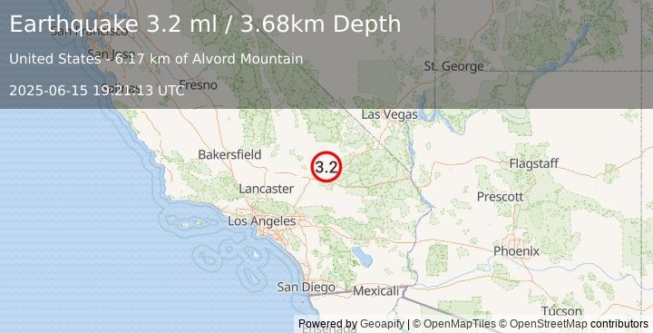 Earthquake 15 km S of Fort Irwin, CA (3.2 ml) (2025-06-15 19:21:13 UTC)