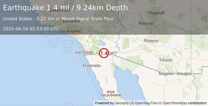 Earthquake 12 km NW of Progreso, B.C., MX (1.4 ml) (2025-06-16 02:53:20 UTC)
