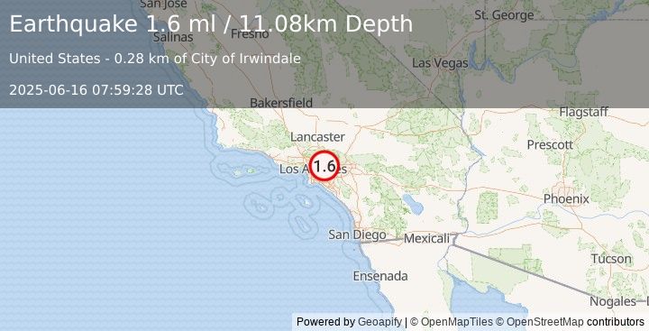Earthquake 3 km WNW of Irwindale, CA (1.6 ml) (2025-06-16 07:59:28 UTC)