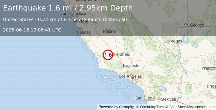 Earthquake 11 km ESE of Simmler, CA (1.6 ml) (2025-06-16 10:06:41 UTC)