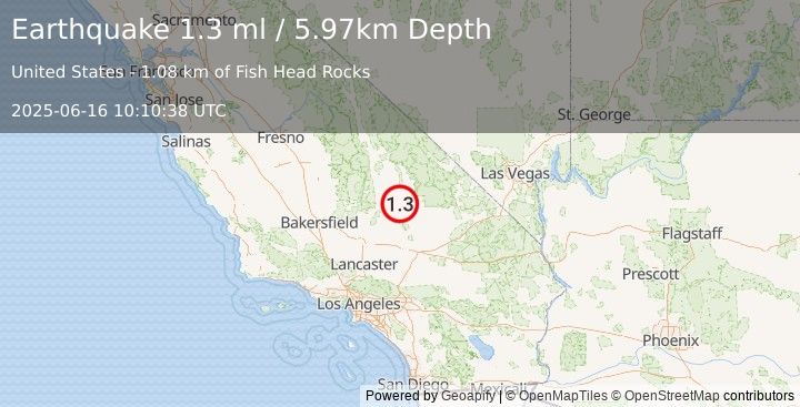 Earthquake 10 km S of Searles Valley, CA (1.3 ml) (2025-06-16 10:10:38 UTC)