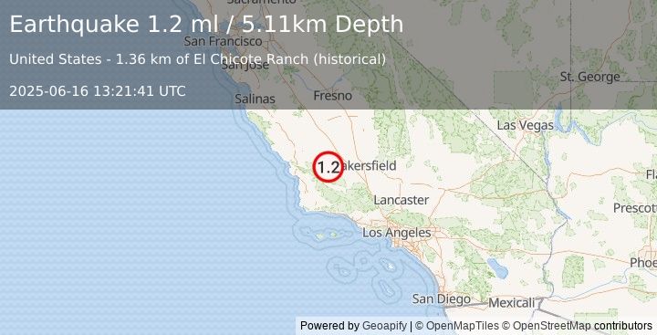 Earthquake 11 km ESE of Simmler, CA (1.2 ml) (2025-06-16 13:21:41 UTC)