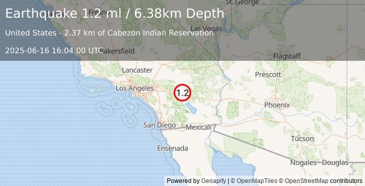 Earthquake 17 km NNE of Indio, CA (1.2 ml) (2025-06-16 16:04:00 UTC)