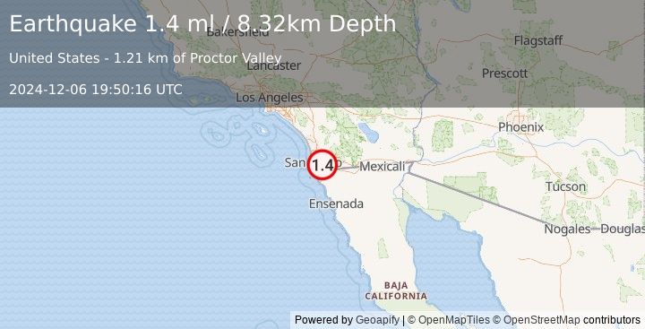 Earthquake 1 km NNW of Rancho San Diego, CA (1.2 ml) (2024-12-06 19:50:17 UTC)