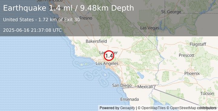 Earthquake 3 km NE of Vincent, CA (1.4 ml) (2025-06-16 21:37:08 UTC)
