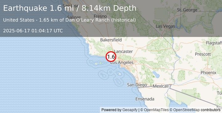 Earthquake 6 km NE of Santa Paula, CA (1.6 ml) (2025-06-17 01:04:17 UTC)