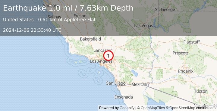 Earthquake 7 km WNW of Wrightwood, CA (1.0 ml) (2024-12-06 22:33:40 UTC)