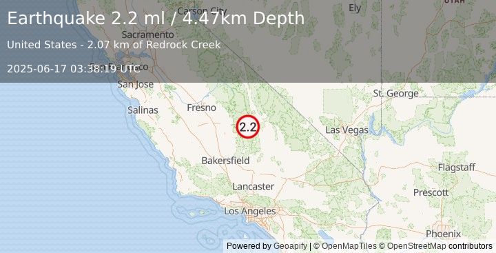Earthquake 27 km W of Olancha, CA (2.2 ml) (2025-06-17 03:38:19 UTC)