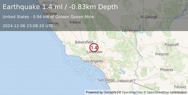 Earthquake 8 km SSW of Mojave, CA (1.2 ml) (2024-12-06 23:08:19 UTC)