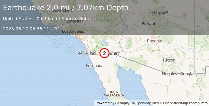 Earthquake 15 km ESE of Ocotillo, CA (2.0 ml) (2025-06-17 05:36:11 UTC)