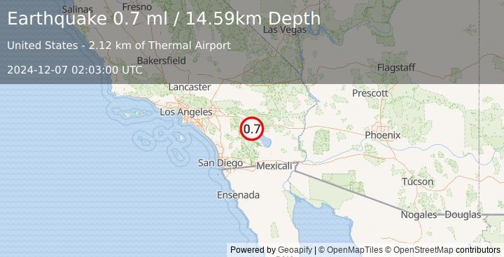 Earthquake 4 km SW of Thermal, CA (0.7 ml) (2024-12-07 02:03:00 UTC)