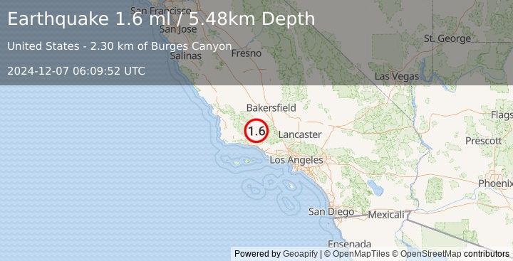 Earthquake 30 km WSW of Pine Mountain Club, CA (1.6 ml) (2024-12-07 06:09:52 UTC)