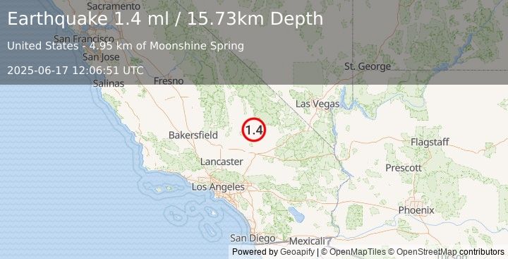 Earthquake 36 km SE of Trona, CA (1.4 ml) (2025-06-17 12:06:51 UTC)