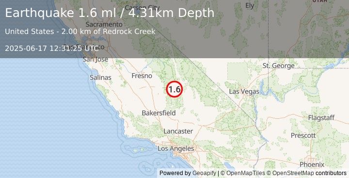 Earthquake 27 km W of Olancha, CA (1.6 ml) (2025-06-17 12:31:25 UTC)