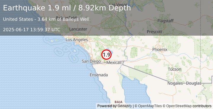 Earthquake 10 km E of Ocotillo Wells, CA (1.9 ml) (2025-06-17 13:59:37 UTC)