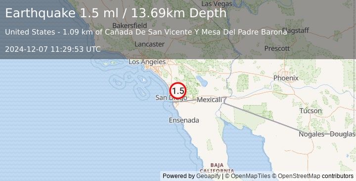 Earthquake 8 km S of Ramona, CA (1.5 ml) (2024-12-07 11:29:53 UTC)