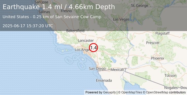Earthquake 7 km SSE of Lytle Creek, CA (1.4 ml) (2025-06-17 15:37:20 UTC)