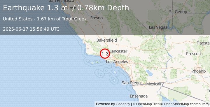 Earthquake 14 km NE of Ojai, CA (1.3 ml) (2025-06-17 15:56:49 UTC)