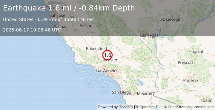 Earthquake 8 km SSW of Mojave, CA (1.6 ml) (2025-06-17 19:06:46 UTC)
