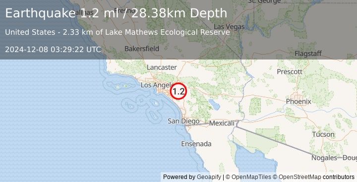 Earthquake 1 km W of Woodcrest, CA (1.2 ml) (2024-12-08 03:29:23 UTC)