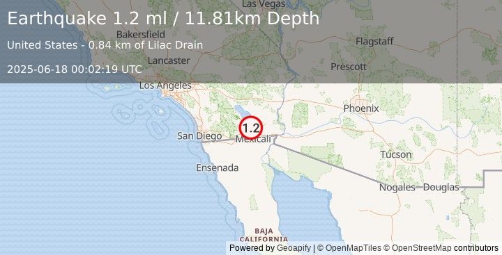 Earthquake 5 km SSW of Brawley, CA (1.2 ml) (2025-06-18 00:02:19 UTC)