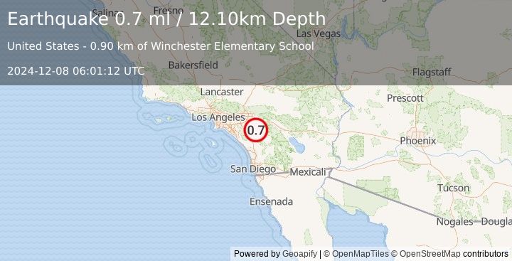 Earthquake 1 km ESE of Winchester, CA (0.7 ml) (2024-12-08 06:01:12 UTC)