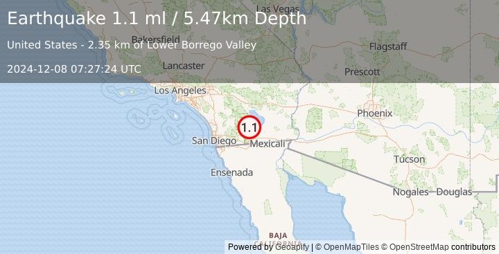 Earthquake 11 km SE of Ocotillo Wells, CA (1.1 ml) (2024-12-08 07:27:24 UTC)