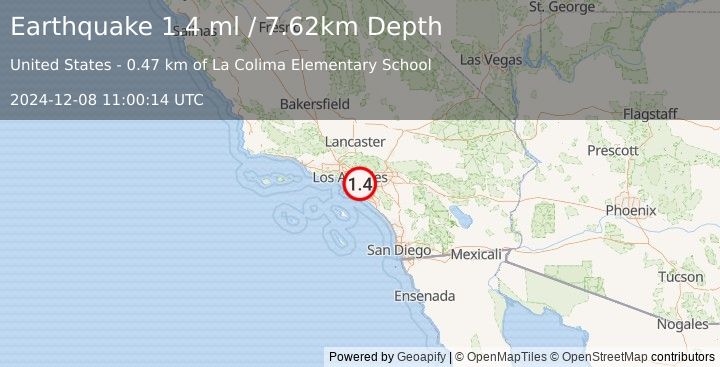 Earthquake 2 km NNW of La Mirada, CA (1.4 ml) (2024-12-08 11:00:14 UTC)