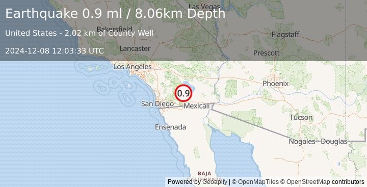 Earthquake 11 km SE of Ocotillo Wells, CA (0.9 ml) (2024-12-08 12:03:33 UTC)