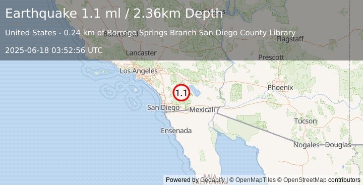 Earthquake 0 km NNW of Borrego Springs, CA (1.1 ml) (2025-06-18 03:52:56 UTC)