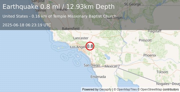 Earthquake 3 km WSW of San Bernardino, CA (0.8 ml) (2025-06-18 06:23:19 UTC)