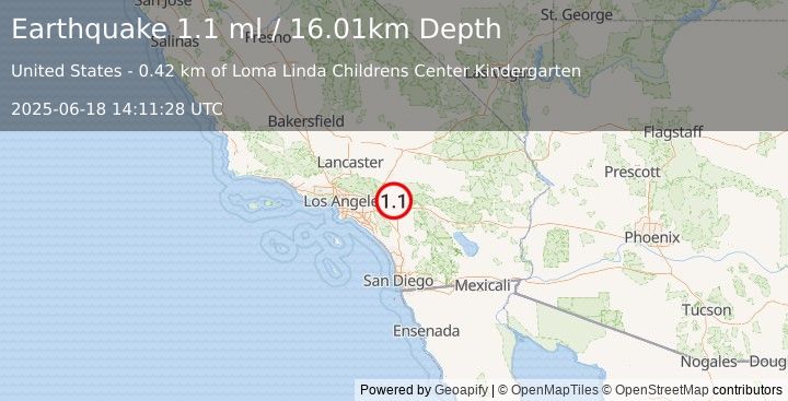 Earthquake 1 km NE of Loma Linda, CA (1.1 ml) (2025-06-18 14:11:28 UTC)