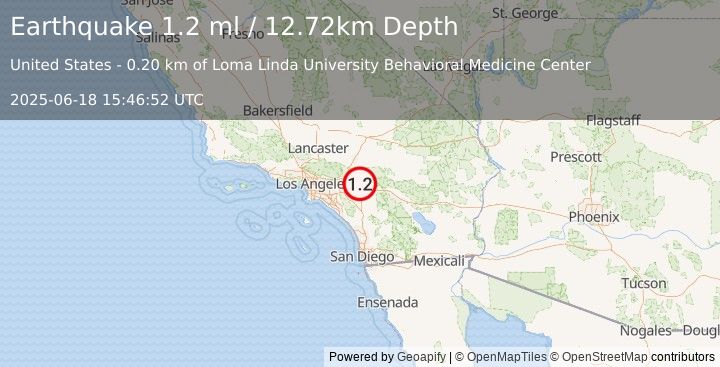 Earthquake 3 km WSW of Redlands, CA (1.2 ml) (2025-06-18 15:46:52 UTC)