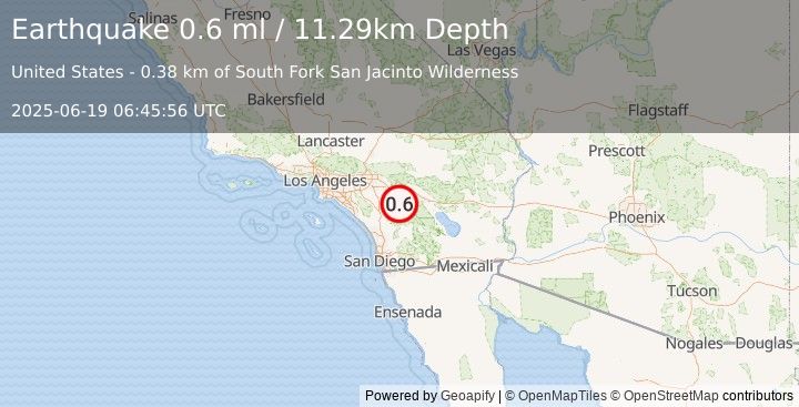 Earthquake 9 km SSW of Idyllwild, CA (0.6 ml) (2025-06-19 06:45:56 UTC)