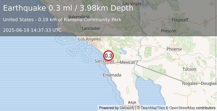 Earthquake 1 km NNE of Ramona, CA (0.3 ml) (2025-06-19 14:37:33 UTC)