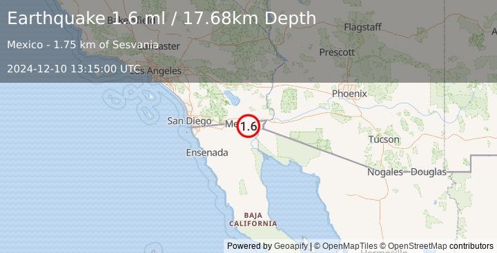 Earthquake 6 km E of Puebla, B.C., MX (1.6 ml) (2024-12-10 13:15:00 UTC)