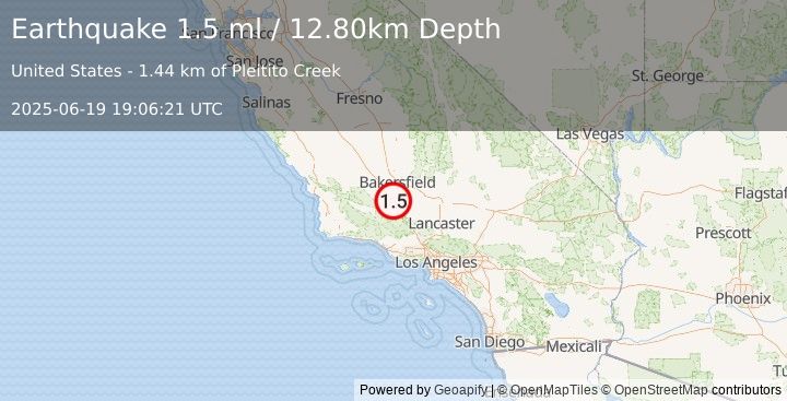 Earthquake 21 km NW of Grapevine, CA (1.5 ml) (2025-06-19 19:06:21 UTC)