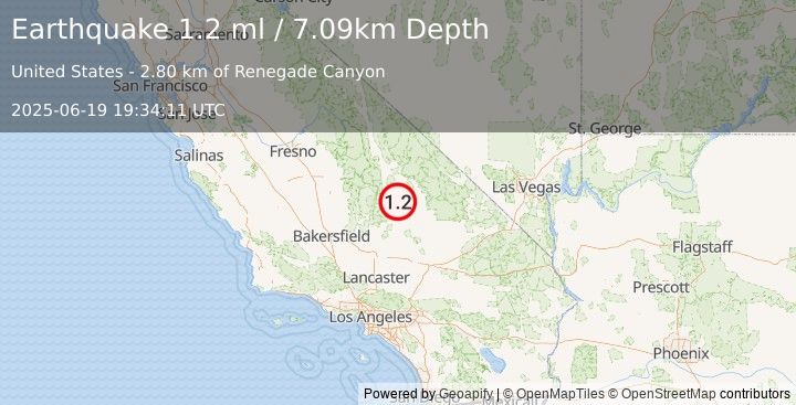 Earthquake 19 km E of Little Lake, CA (1.2 ml) (2025-06-19 19:34:11 UTC)