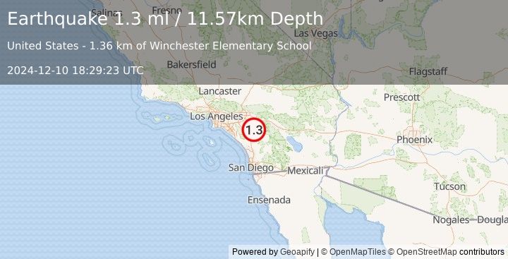 Earthquake 1 km ESE of Winchester, CA (1.3 ml) (2024-12-10 18:29:23 UTC)