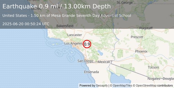 Earthquake 4 km ENE of Calimesa, CA (0.9 ml) (2025-06-20 00:50:24 UTC)